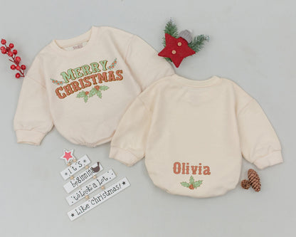 Personalized Baby Christmas Romper, Retro Bodysuit, Baby Shower Gift