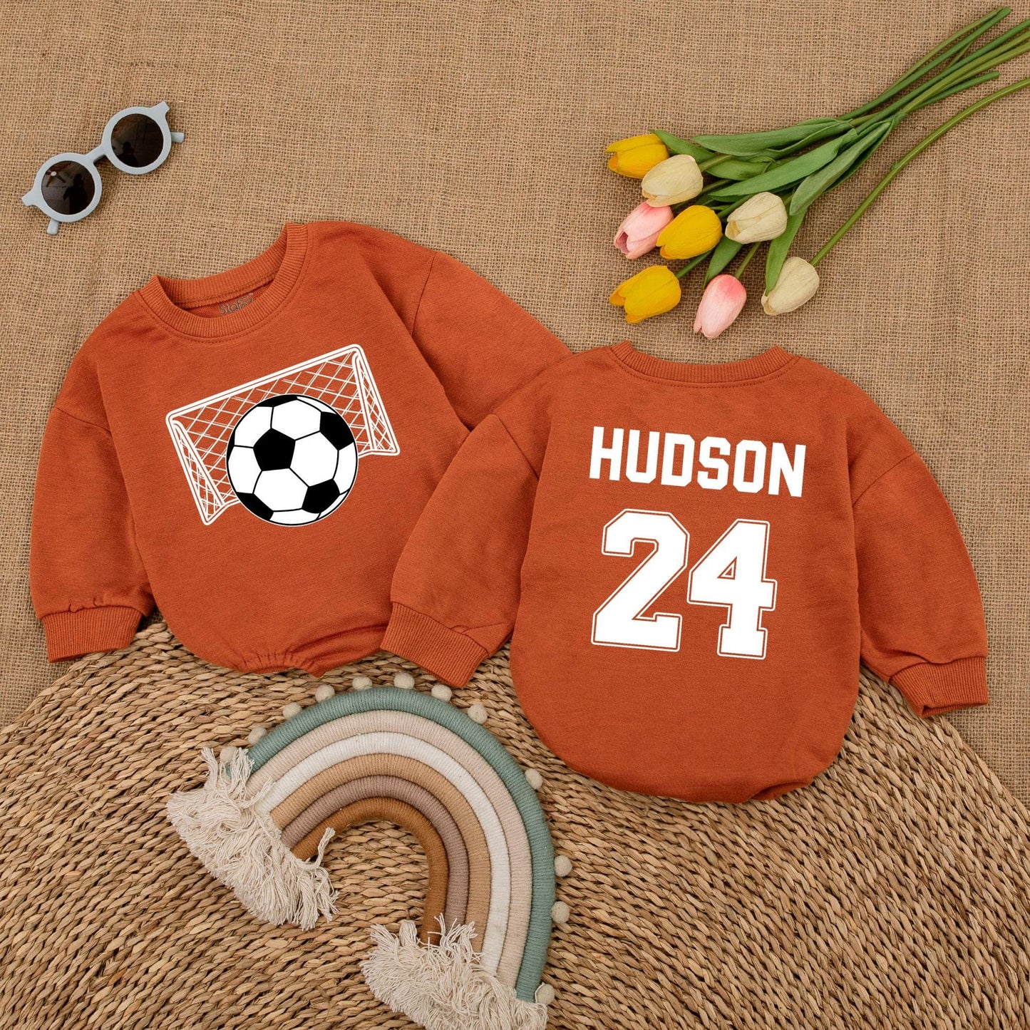 Personalized Soccer Baby Romper Name and Number Game Day Baby Bodysuit with Sporty Net Ball Design for a Unique Baby Shower Gift