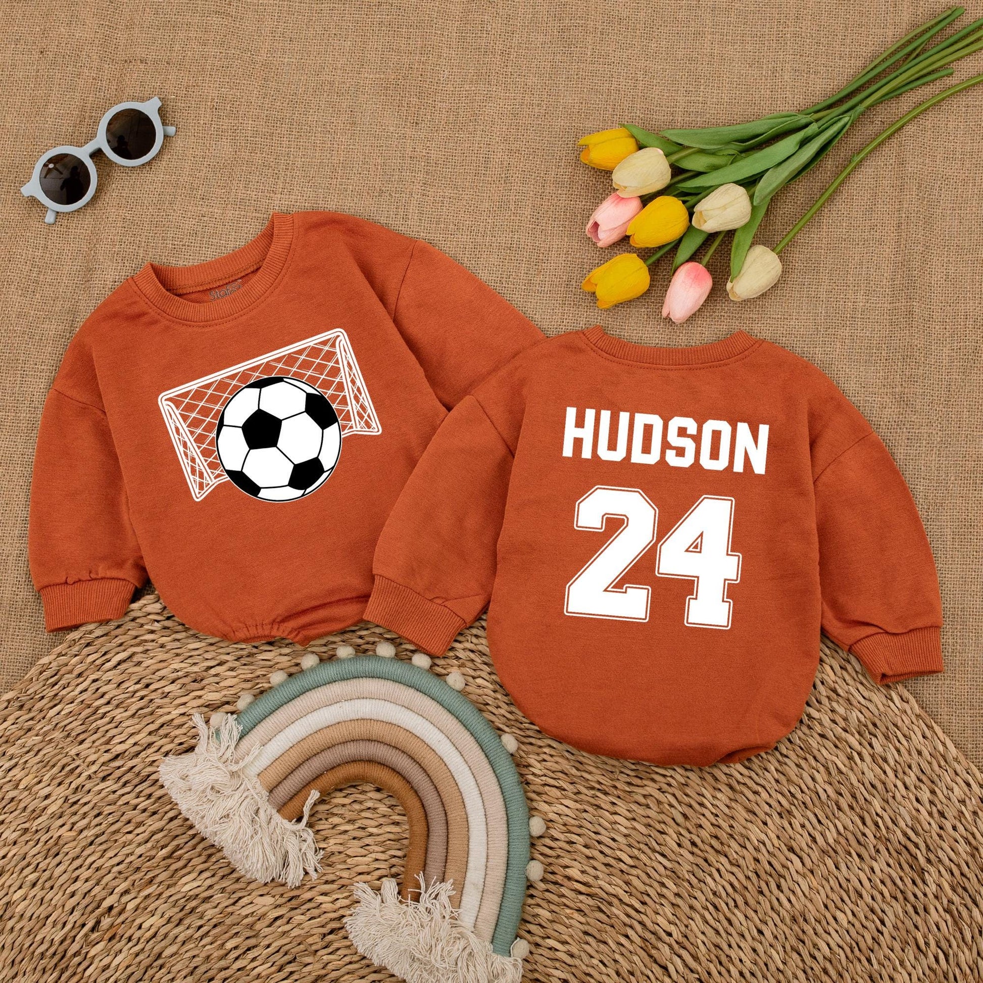 Personalized Soccer Baby Romper Name and Number Game Day Baby Bodysuit with Sporty Net Ball Design for a Unique Baby Shower Gift