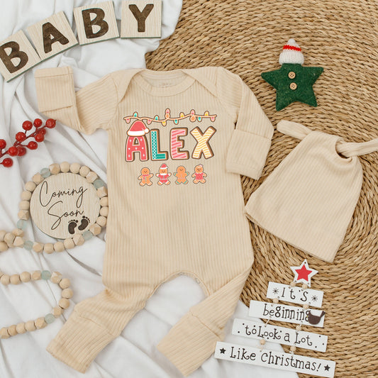Custom "ALEX" Christmas Baby Bodysuit & Hat Set with Santa Hat A Gingerbread Figures Festive Holiday Infant Romper Baby Shower Gift