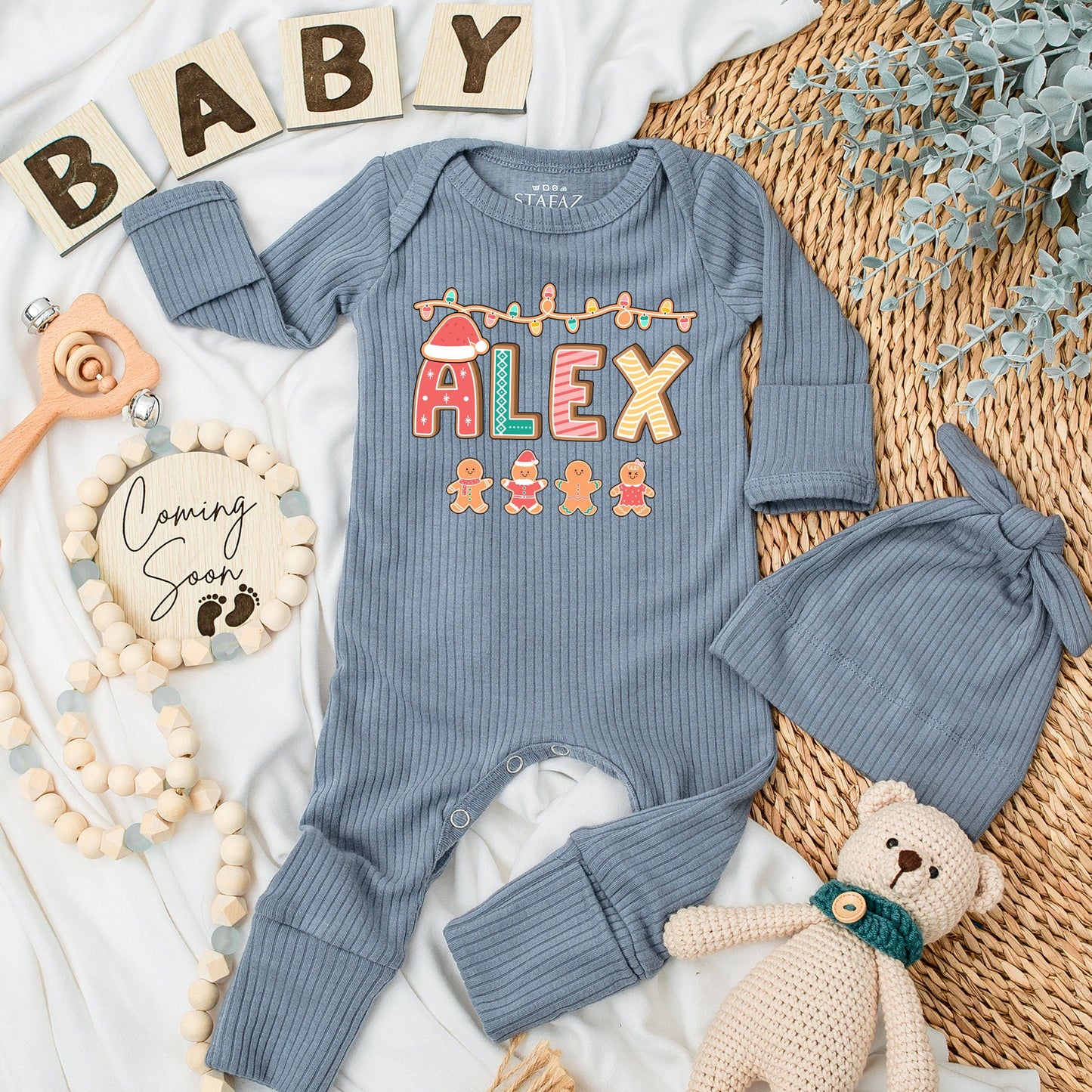 Custom "ALEX" Christmas Baby Bodysuit & Hat Set with Santa Hat A Gingerbread Figures Festive Holiday Infant Romper Baby Shower Gift