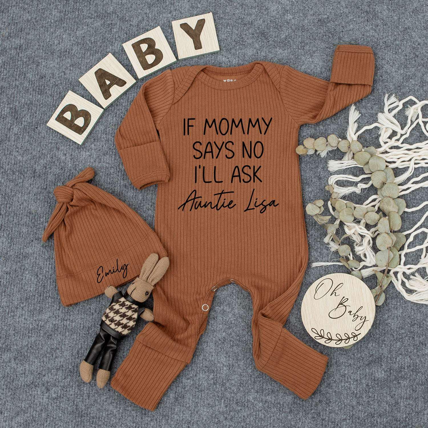 Auntie-Approved Mom Says No Set: Baby Bodysuit & Hat Outfit