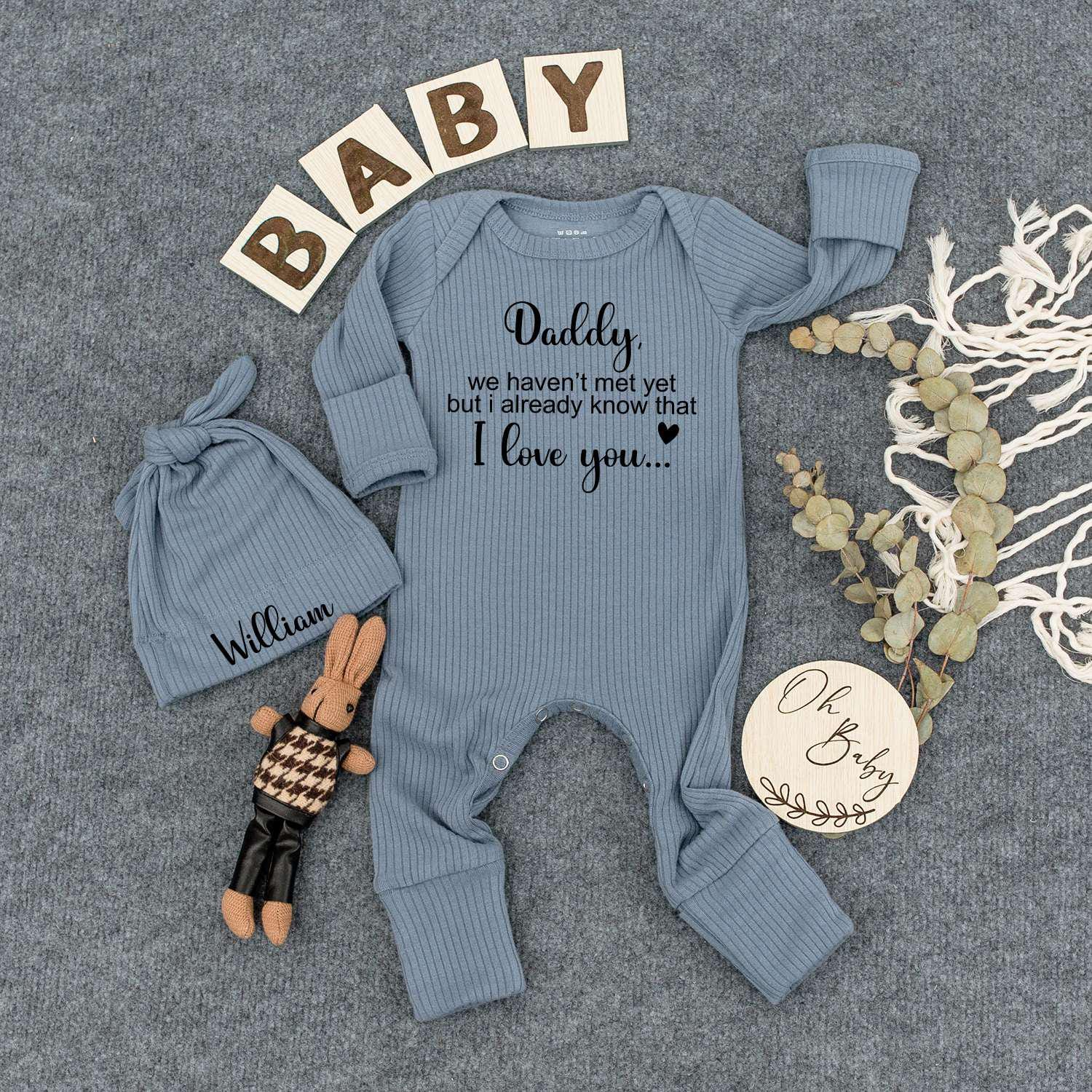 Daddy We Haven't Met Yet Bodysuit & William Hat Matching Set for Pregnancy Announcement Baby Gift