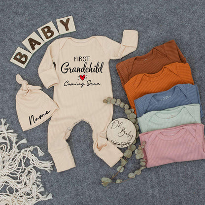 Custom First Grandchild Coming Soon Bodysuit & Hat Set, Black Cursive Design Baby Announcement Gift, Newborn Outfit