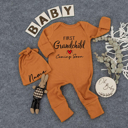 Custom First Grandchild Coming Soon Bodysuit & Hat Set, Black Cursive Design Baby Announcement Gift, Newborn Outfit
