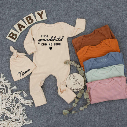 Custom First Great Grandchild Coming Soon Bodysuit & Hat Set Pregnancy Announcement Simple Black Heart Baby Shower Gift Newborn Outfit