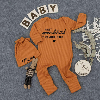Custom First Great Grandchild Coming Soon Bodysuit & Hat Set Pregnancy Announcement Simple Black Heart Baby Shower Gift Newborn Outfit