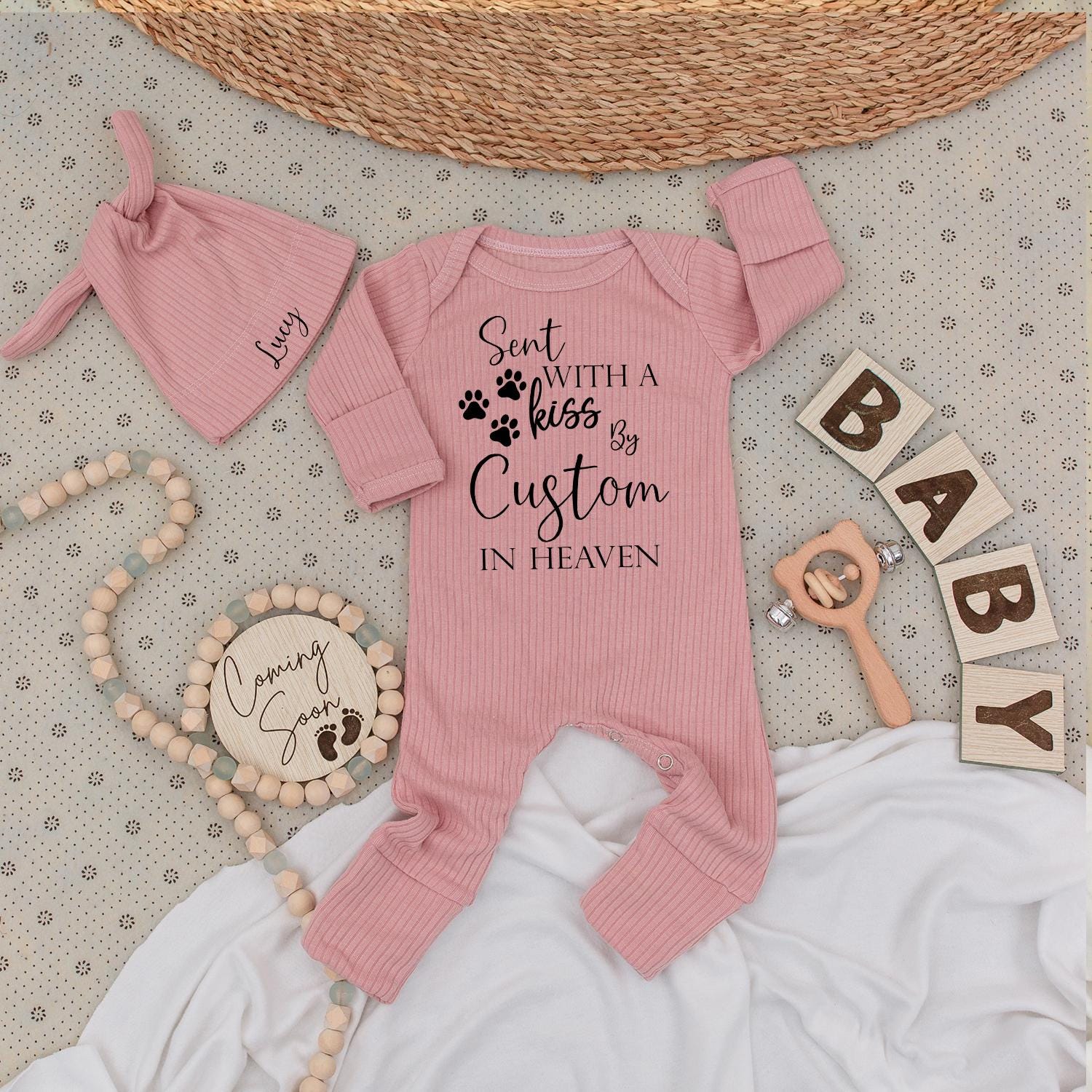 Sent With A Kiss By Custom Name in Heaven Baby Bodysuit and Hat Set Personalized Pet Memorial Gift