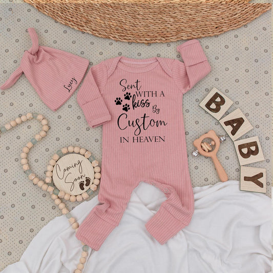 Sent With A Kiss By Custom Name in Heaven Baby Bodysuit and Hat Set Personalized Pet Memorial Gift