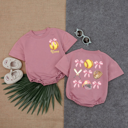 Personalized Pink Bow Softball Bubble Romper Girl Birthday Game Day Baby Clothes Watercolor Sports Graphics Short Sleeve Infant Gift