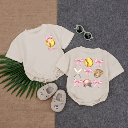 Personalized Pink Bow Softball Bubble Romper Girl Birthday Game Day Baby Clothes Watercolor Sports Graphics Short Sleeve Infant Gift