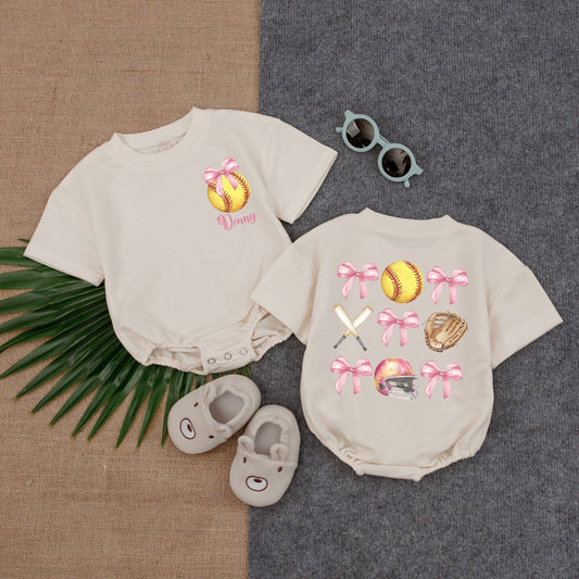 Personalized Pink Bow Softball Bubble Romper Girl Birthday Game Day Baby Clothes Watercolor Sports Graphics Short Sleeve Infant Gift