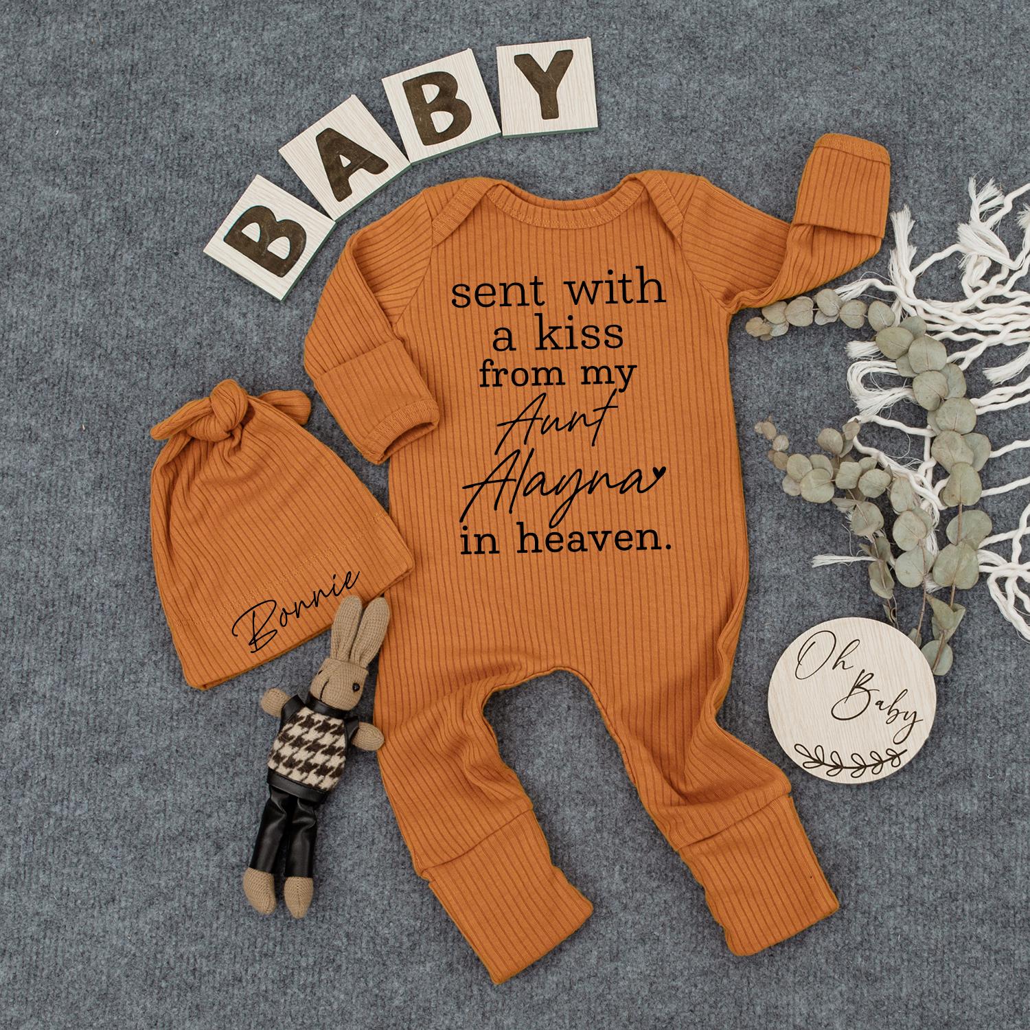 Sent With A Kiss From Heaven Baby Bodysuit & Hat Set | In Memory Of Great Grandma Outfit | Newborn Gift, Soft Cotton, Delicate Lettering, Infant Set 136