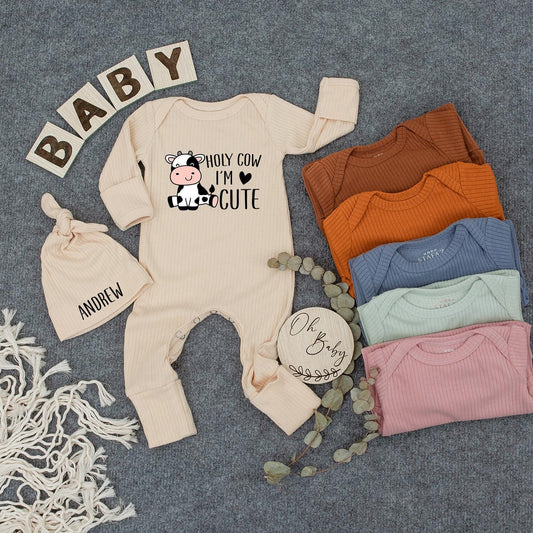 Holy Cow I'm Cute Baby Bodysuit & Hat Set Retro Coming Home Announcement Funny Baby Boy Girl Outfit