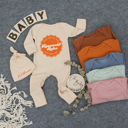 Homemade Rolls Retro Baby Bodysuit Hat Set Fresh from Oven Made with Love Cute Newborn Coming Home Outfit Baby Shower Gift