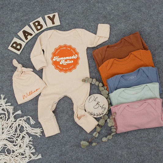 Homemade Rolls Retro Baby Bodysuit Hat Set Fresh from Oven Made with Love Cute Newborn Coming Home Outfit Baby Shower Gift