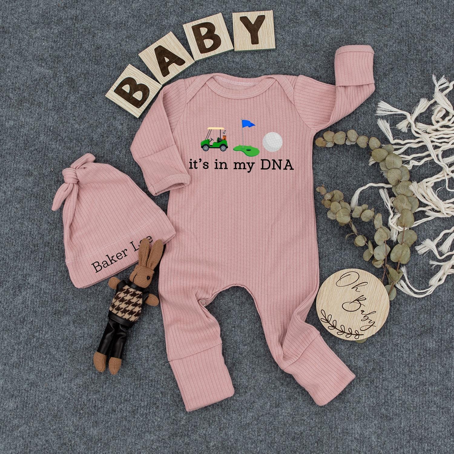It's in my DNA Playful Golf Baby Bodysuit and Hat Set with Cartoon Cart Design, Infant Boy Shower Gift & Coming Home Outfit