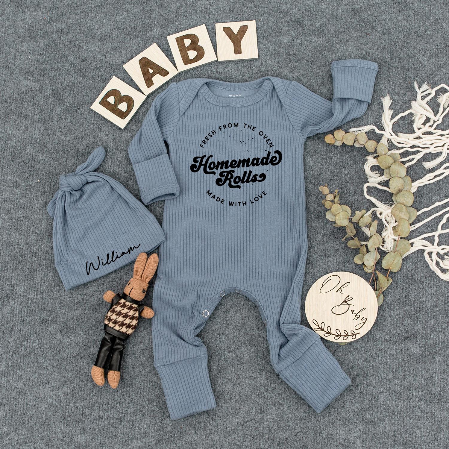 Fresh Homemade Rolls Baby Bodysuit & Hat Set - Retro Style Infant Outfit, Cute Newborn Jumpsuit, Going Home Gift, Gender Neutral Romper (135 chars)