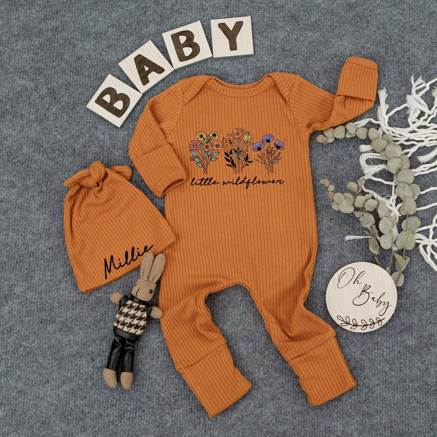 Little Wildflower Baby Bodysuit & Hat Set Cute Floral Yellow Orange Purple White Flowers Green Stems Handwritten Text Baby Shower Gift Natural Boho Baby Clothes 139