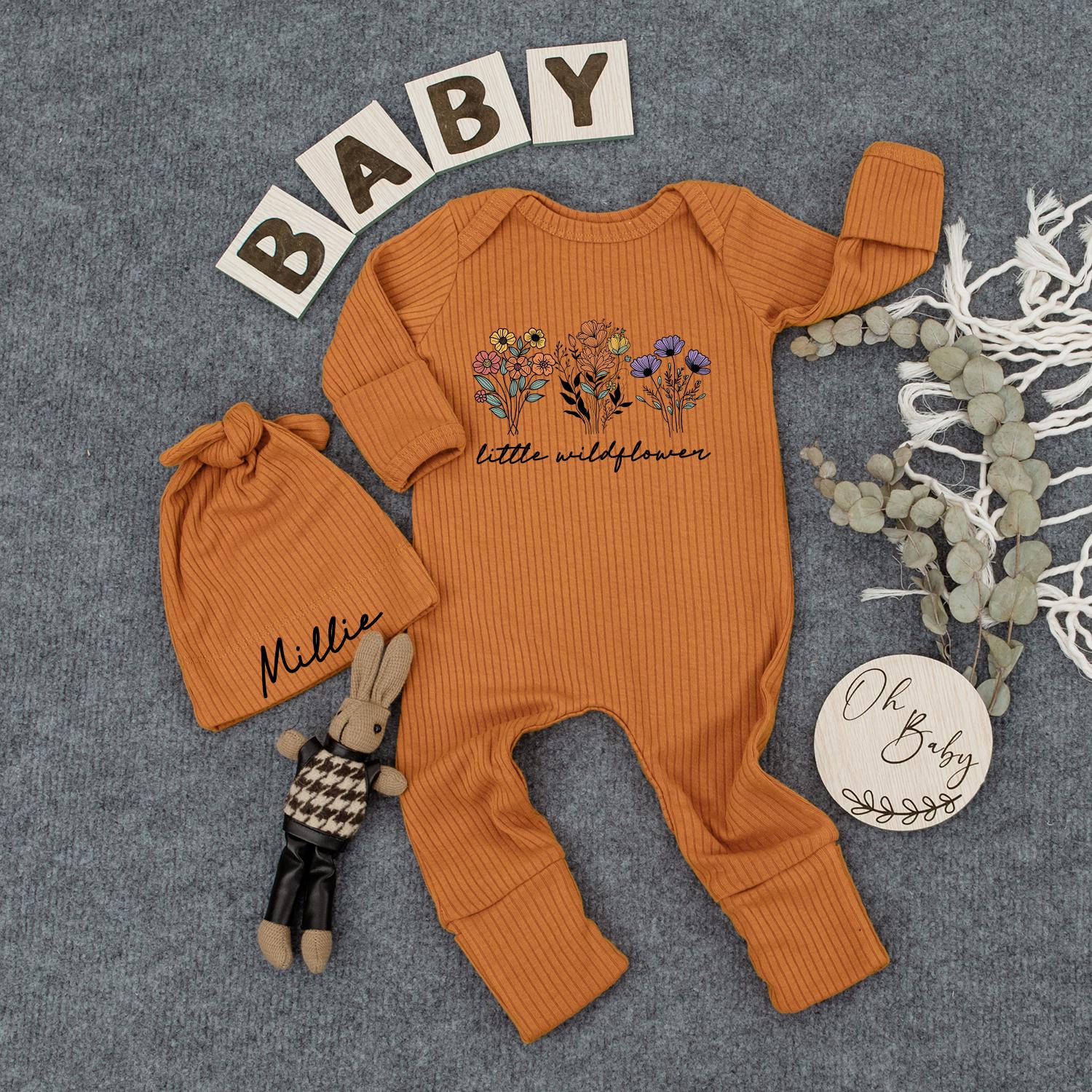 Little Wildflower Baby Bodysuit & Hat Set Cute Floral Yellow Orange Purple White Flowers Green Stems Handwritten Text Baby Shower Gift Natural Boho Baby Clothes 139
