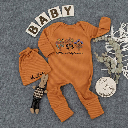 Little Wildflower Baby Bodysuit & Hat Set Cute Floral Yellow Orange Purple White Flowers Green Stems Handwritten Text Baby Shower Gift Natural Boho Baby Clothes 139