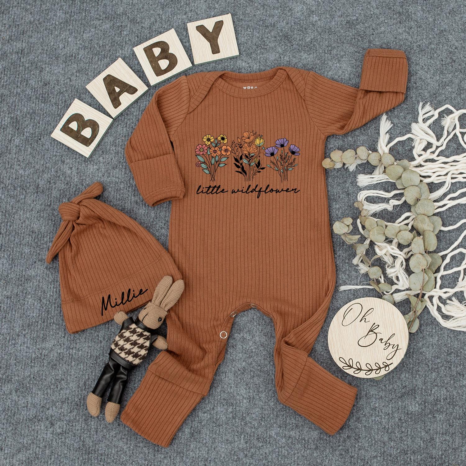 Little Wildflower Baby Bodysuit & Hat Set Cute Floral Yellow Orange Purple White Flowers Green Stems Handwritten Text Baby Shower Gift Natural Boho Baby Clothes 139