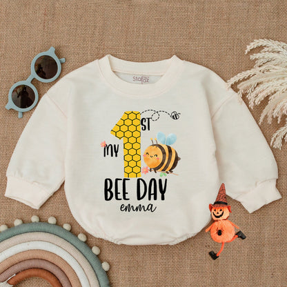 First Bee Day Baby Romper - Personalized 1st Birthday Outfit