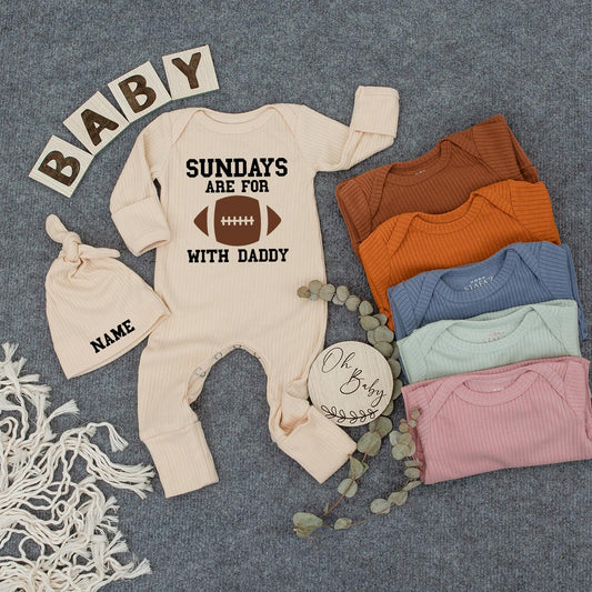 Sundays with Daddy Bodysuit & Hat Set, Game Day Baby Outfit, Newborn Football Romper, New Mom Gift, Infant Clothes, Cute Photo Prop 130-140 Characters