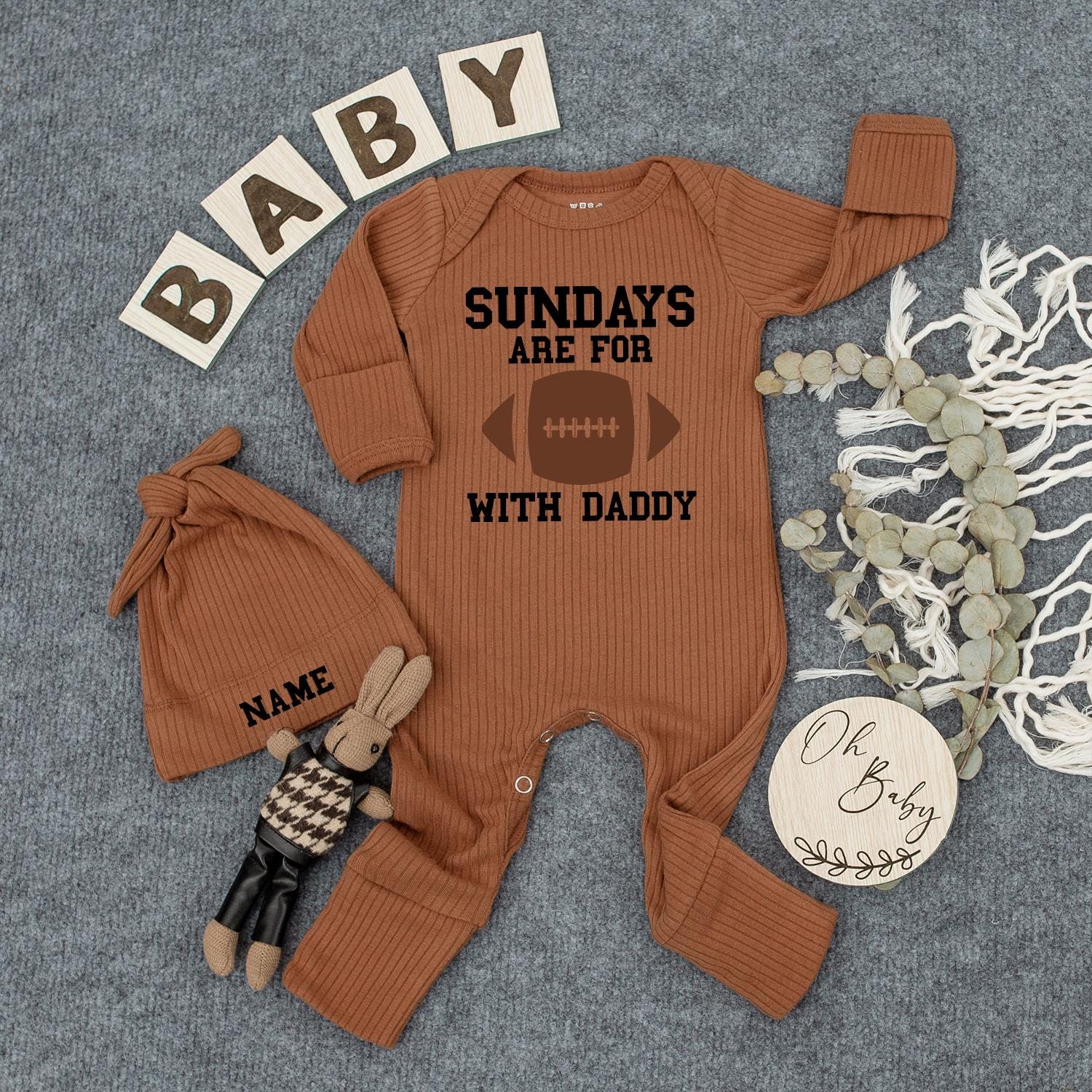 Sundays with Daddy Bodysuit & Hat Set, Game Day Baby Outfit, Newborn Football Romper, New Mom Gift, Infant Clothes, Cute Photo Prop 130-140 Characters