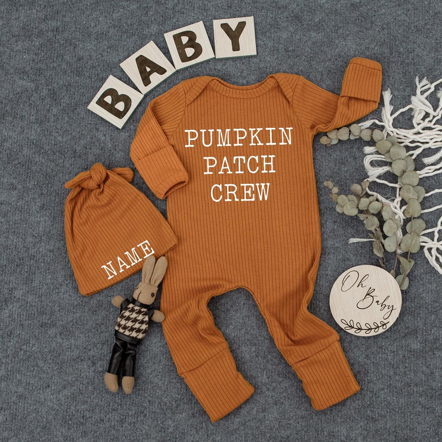 Custom Pumpkin Patch Crew Bodysuit and Hat Set Cute Thanksgiving Newborn Outfit New Mom Gift Personalized Baby Romper Boho Clothes