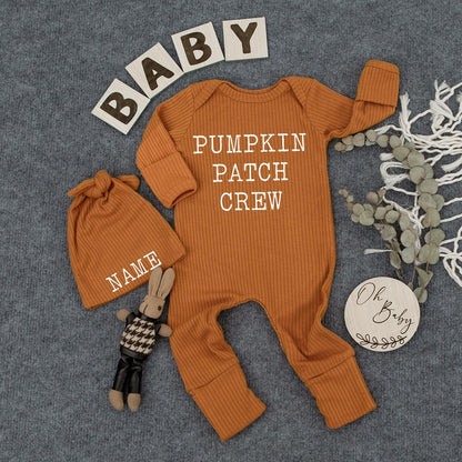 Custom Pumpkin Patch Crew Bodysuit and Hat Set Cute Thanksgiving Newborn Outfit New Mom Gift Personalized Baby Romper Boho Clothes