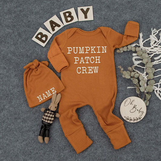 Custom Pumpkin Patch Crew Bodysuit and Hat Set Cute Thanksgiving Newborn Outfit New Mom Gift Personalized Baby Romper Boho Clothes