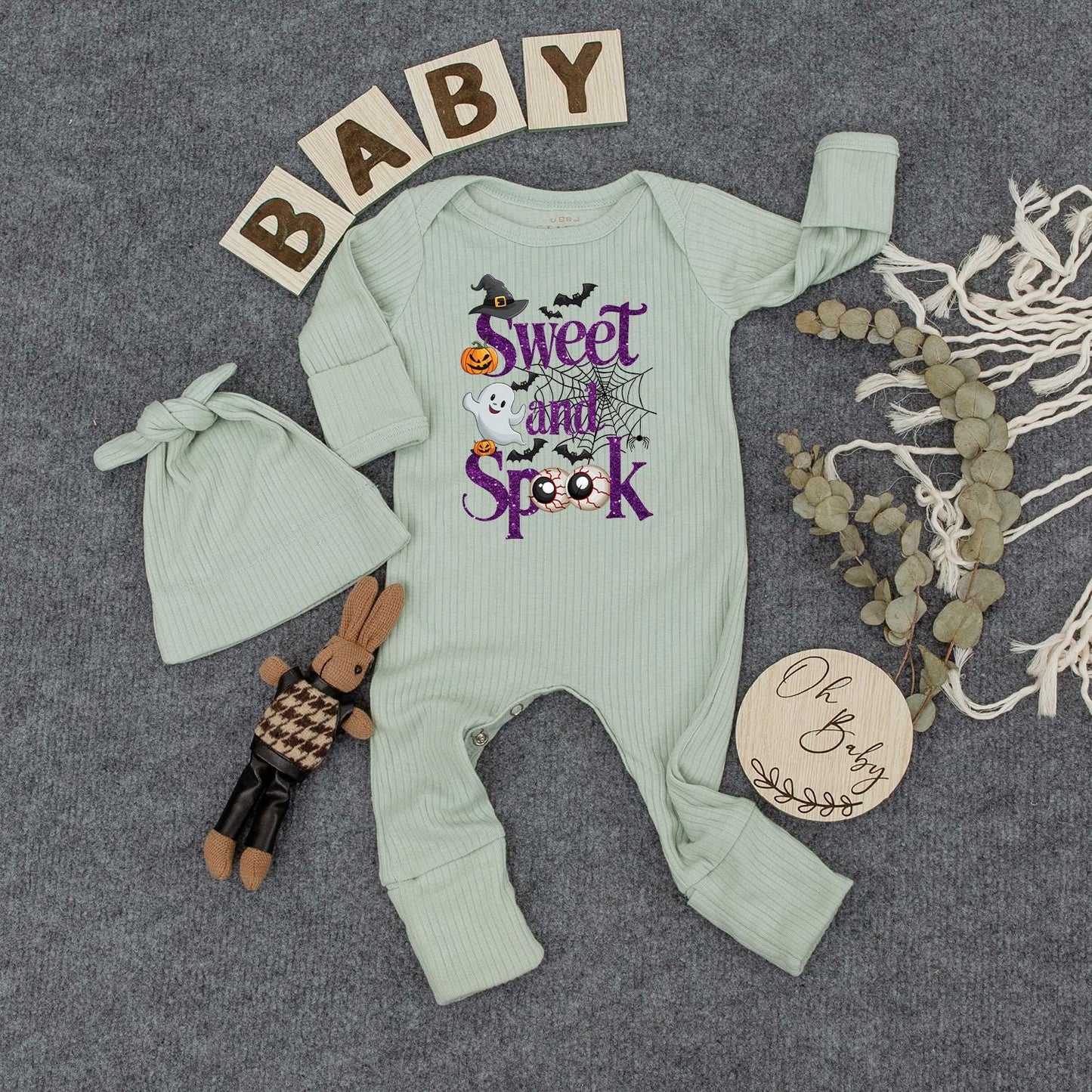 Sweet and Spooky Ghost Baby Bodysuit and Hat Set Cute Halloween Outfit Personalized Newborn Romper for New Mom Gift Whimsical Purple Script Design