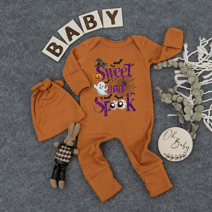 Sweet and Spooky Ghost Baby Bodysuit and Hat Set Cute Halloween Outfit Personalized Newborn Romper for New Mom Gift Whimsical Purple Script Design