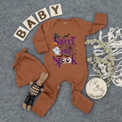 Sweet and Spooky Ghost Baby Bodysuit and Hat Set Cute Halloween Outfit Personalized Newborn Romper for New Mom Gift Whimsical Purple Script Design