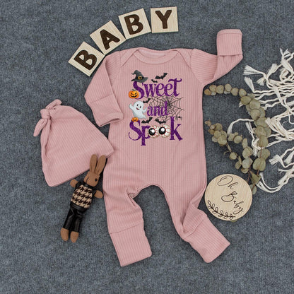 Sweet and Spooky Ghost Baby Bodysuit and Hat Set Cute Halloween Outfit Personalized Newborn Romper for New Mom Gift Whimsical Purple Script Design
