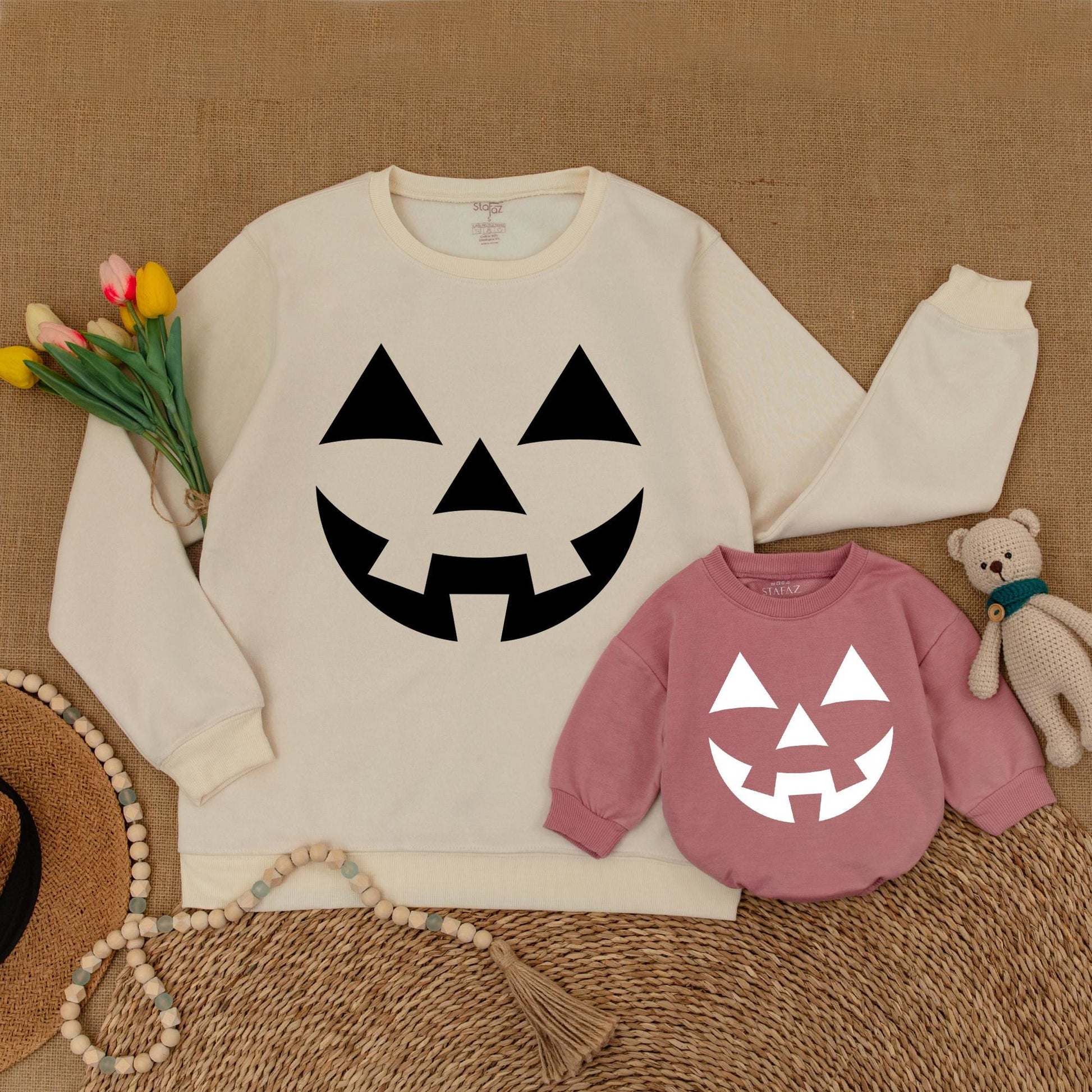 Family Halloween Outfits: Retro Pumpkin Romper & Sweatshirt Set