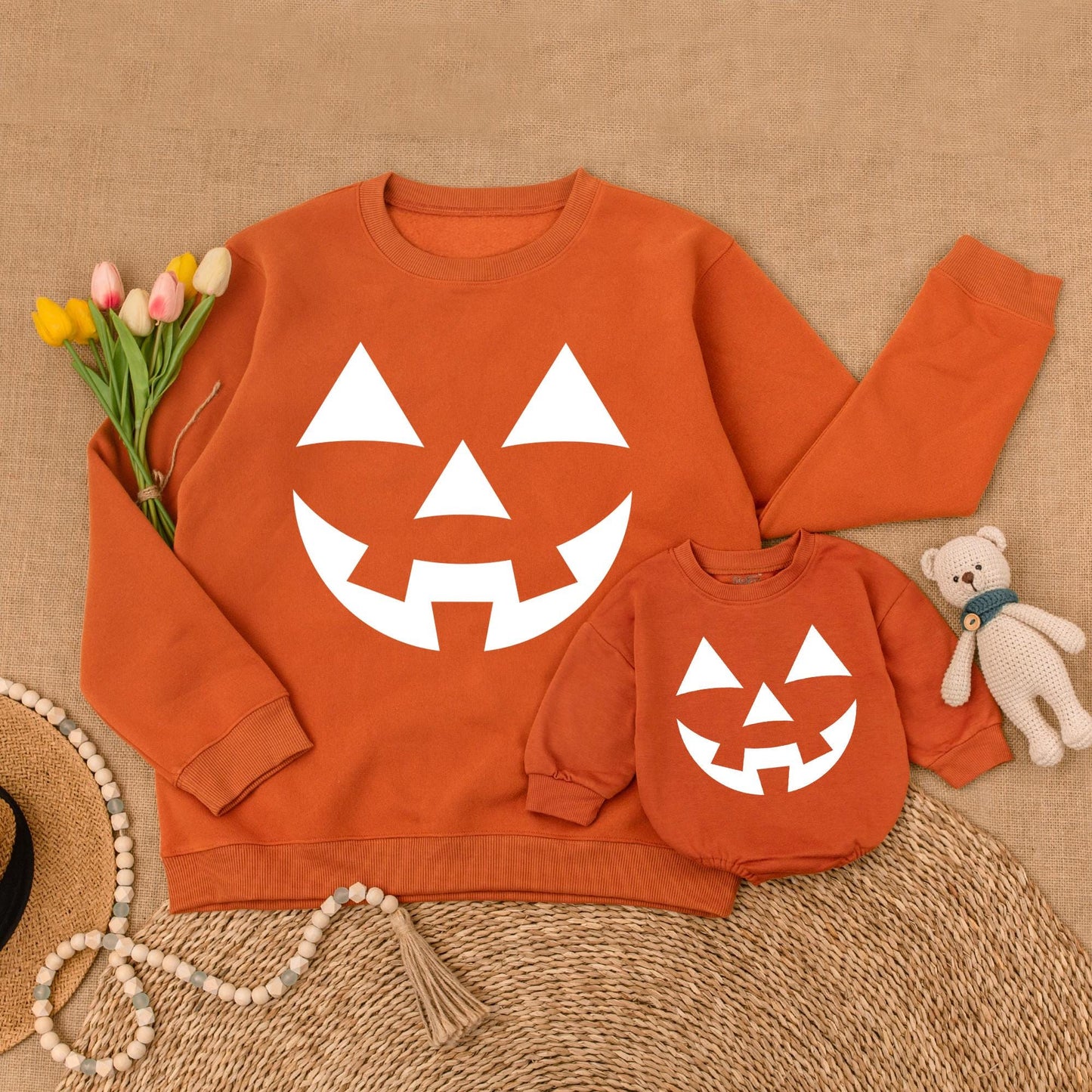 Family Halloween Outfits: Retro Pumpkin Romper & Sweatshirt Set