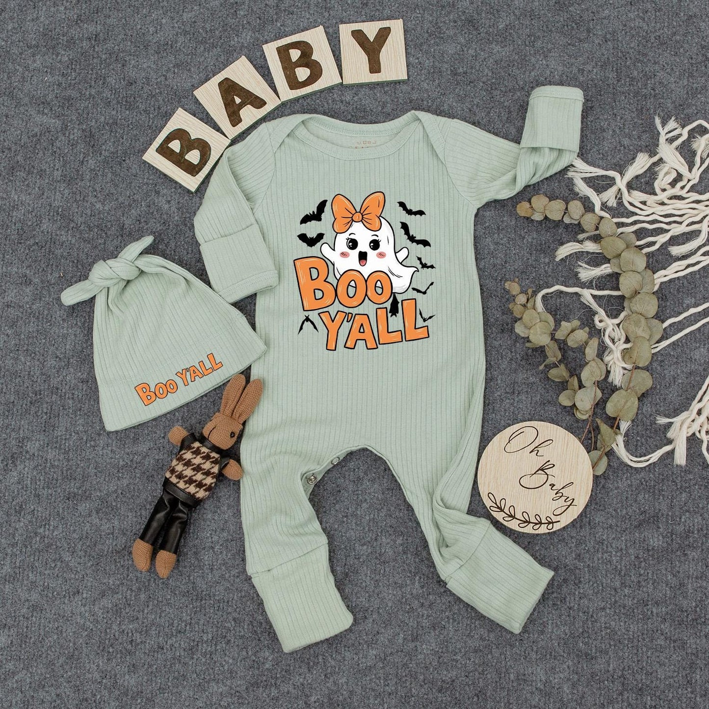 Cute Boo Y'all Ghost Bodysuit & Hat Set for Newborns Adorable Cartoon Halloween Baby Outfit Fun Orange Bat Design Perfect New Mom Gift