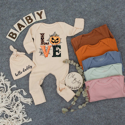Personalized Cute Halloween Love Pumpkin Baby Bodysuit and Hat Set Newborn Romper Outfit Fall Festive Baby Shower Gift