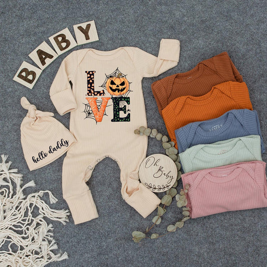 Personalized Cute Halloween Love Pumpkin Baby Bodysuit and Hat Set Newborn Romper Outfit Fall Festive Baby Shower Gift