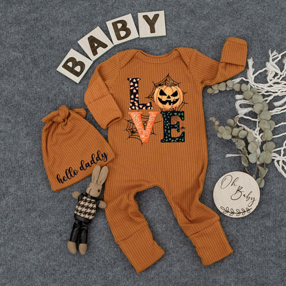 Personalized Cute Halloween Love Pumpkin Baby Bodysuit and Hat Set Newborn Romper Outfit Fall Festive Baby Shower Gift
