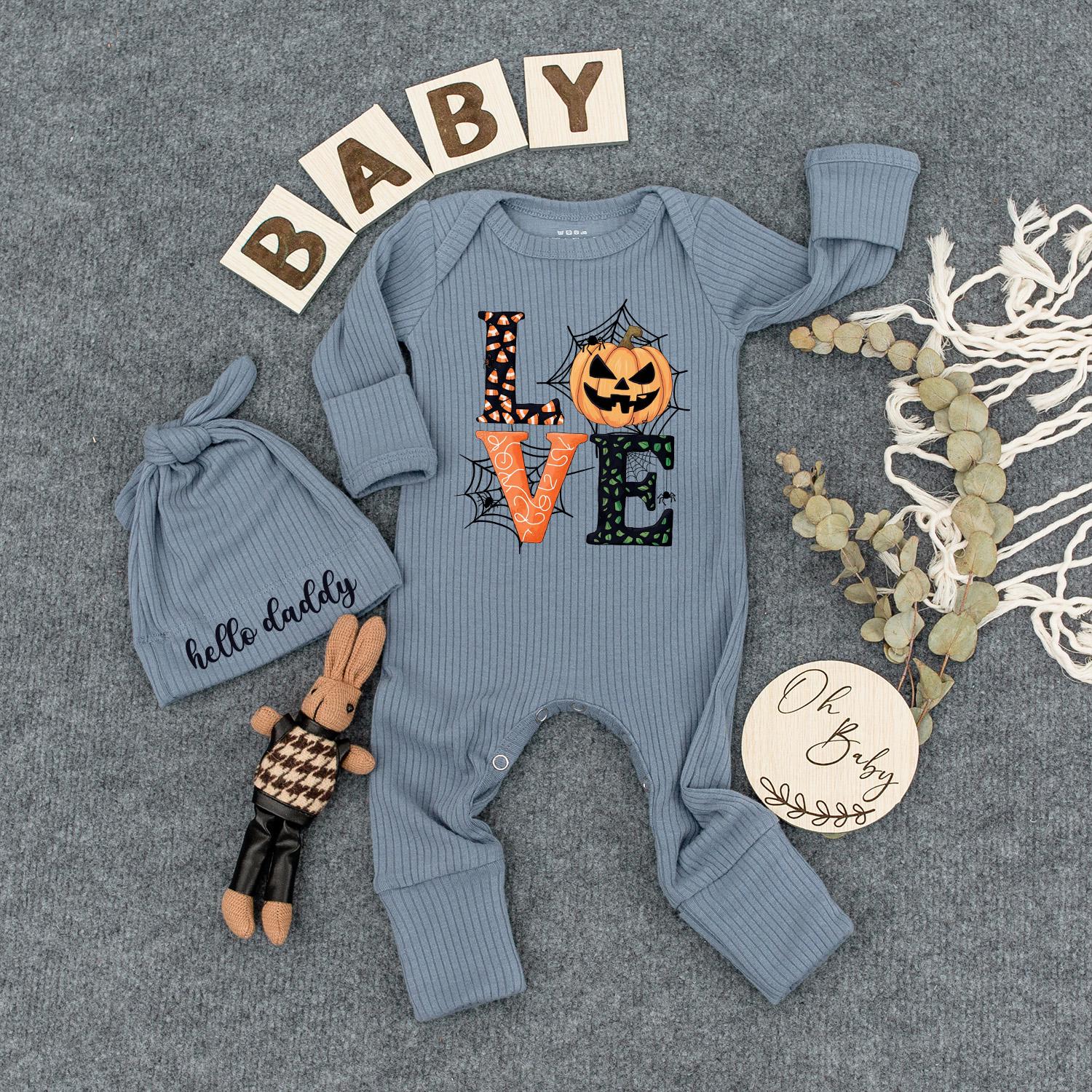 Personalized Cute Halloween Love Pumpkin Baby Bodysuit and Hat Set Newborn Romper Outfit Fall Festive Baby Shower Gift