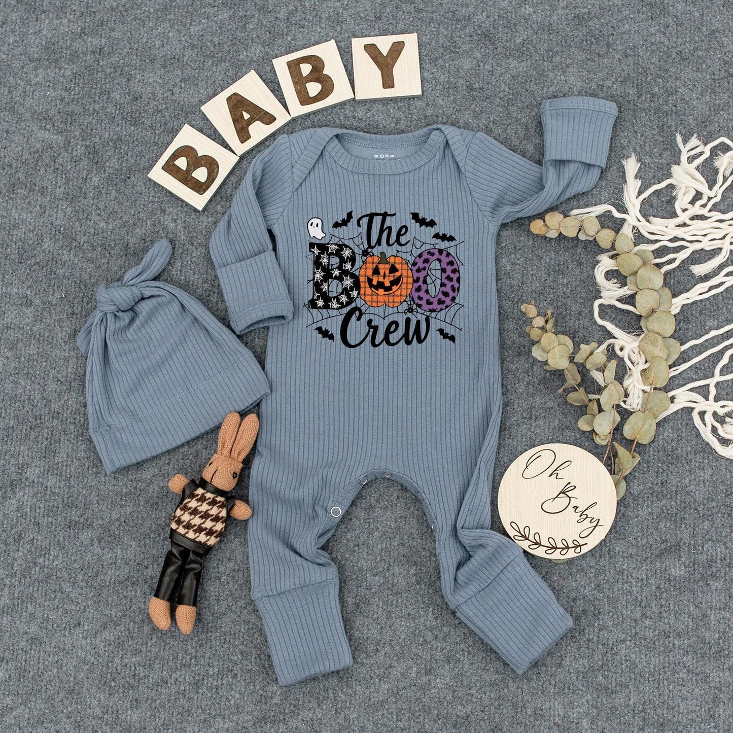The Boo Crew Baby Outfit, Buffalo Plaid Jack-o'-lantern Bodysuit and Hat Set, Spooky Halloween Newborn Romper Gift, Infant Clothes, Boho Style 139