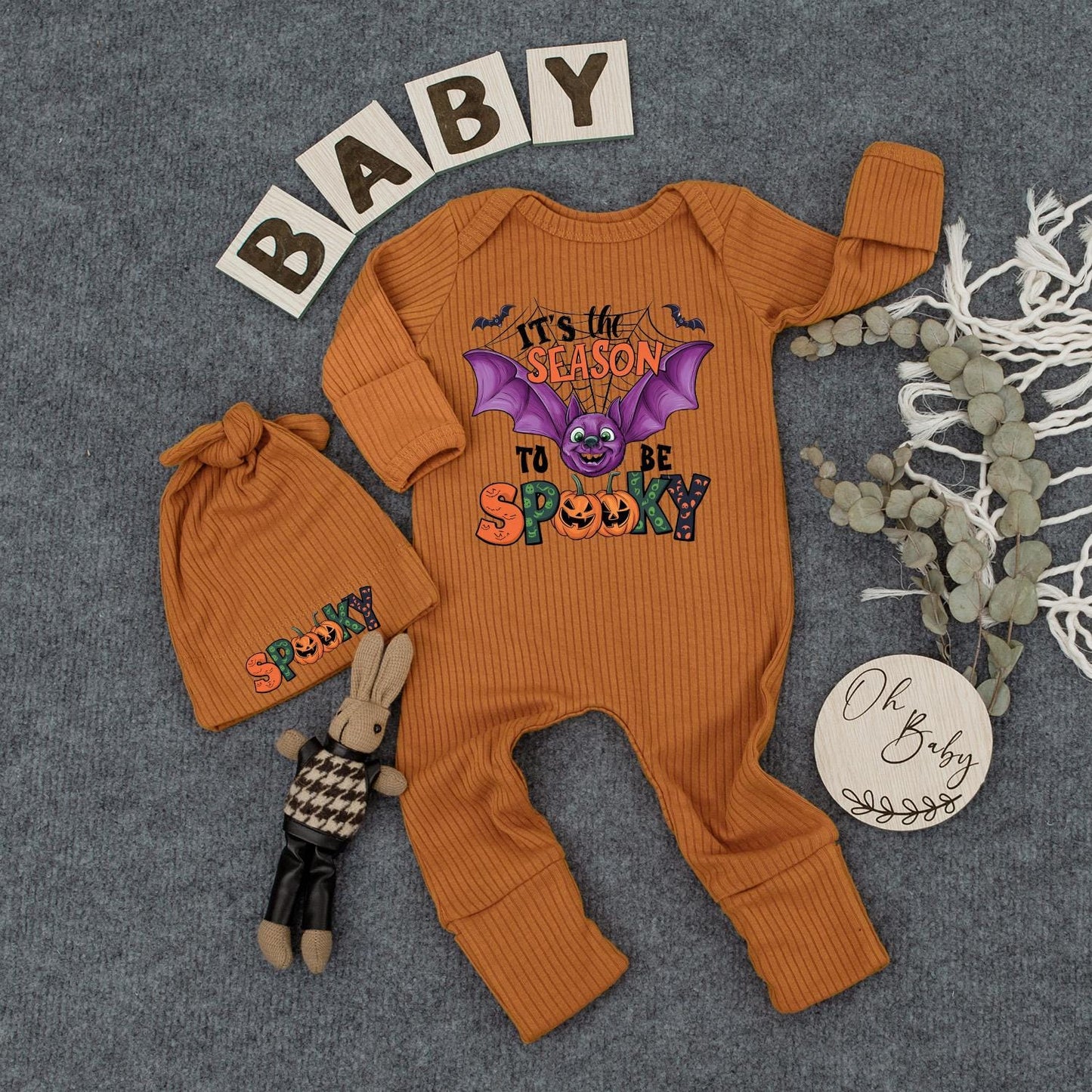 It's Spooky Season Baby Bodysuit & Hat Set Purple Bat Pumpkin Newborn Outfit Cute Halloween Clothes New Mom Gift Boho Trick or Treat Romper 136