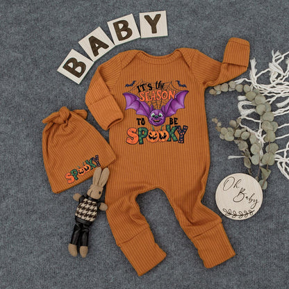 It's Spooky Season Baby Bodysuit & Hat Set Purple Bat Pumpkin Newborn Outfit Cute Halloween Clothes New Mom Gift Boho Trick or Treat Romper 136