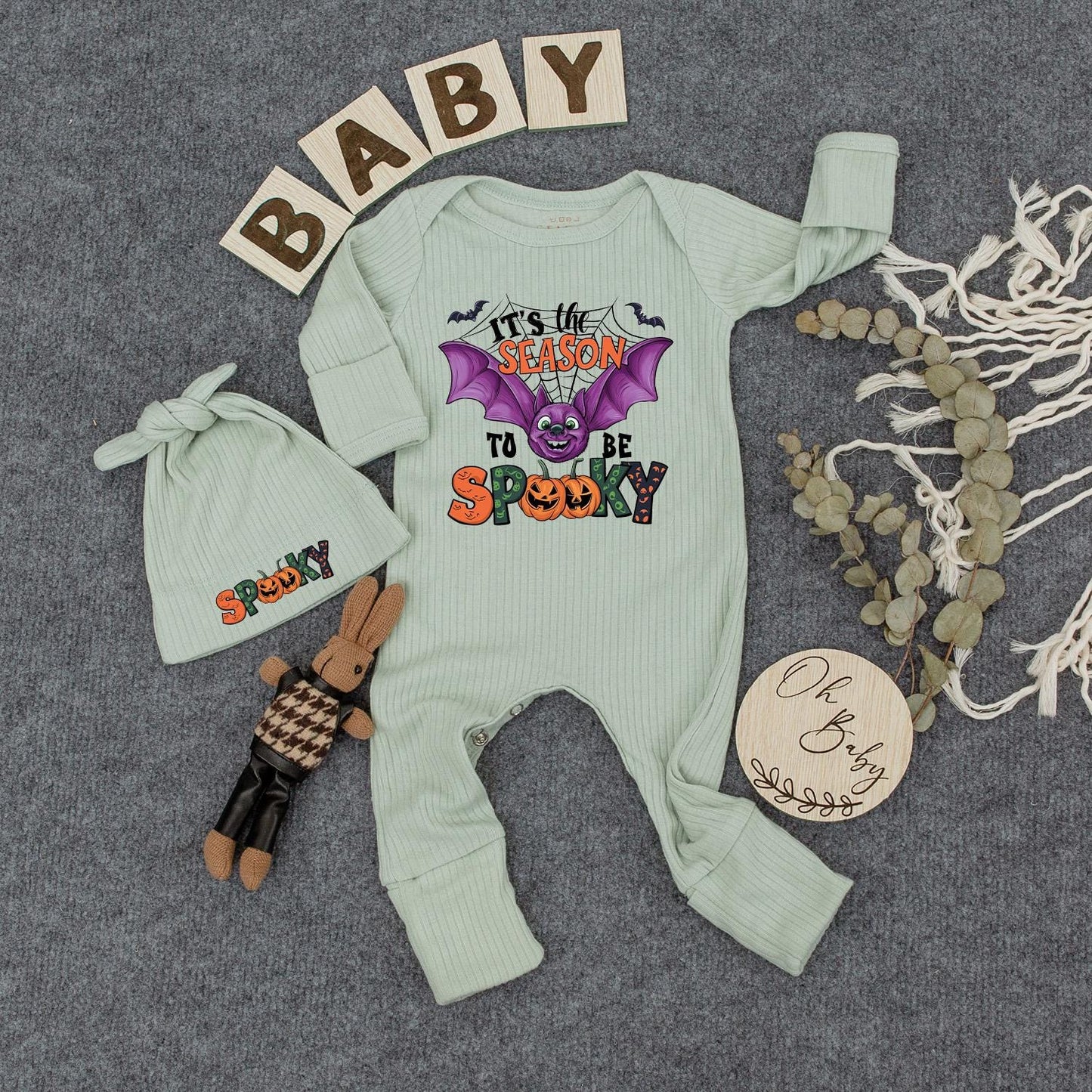 Spooky Season Baby Outfit Set: Cute Halloween Bodysuit & Hat with Bat and Jack-o'-Lantern, Newborn Romper, Boho Trick or Treat Clothes, New Mom Gift (139)