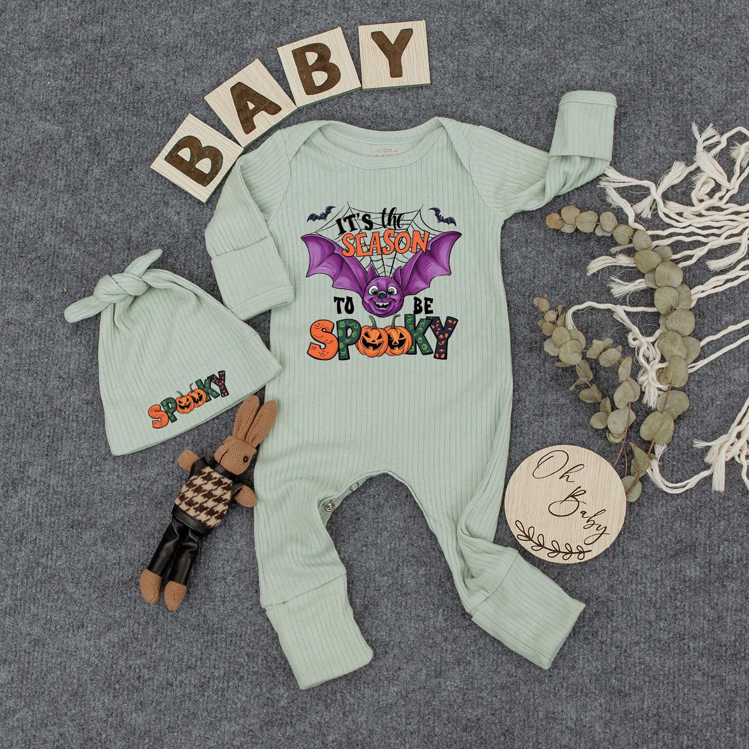 Spooky Season Baby Outfit Set: Cute Halloween Bodysuit & Hat with Bat and Jack-o'-Lantern, Newborn Romper, Boho Trick or Treat Clothes, New Mom Gift (139)