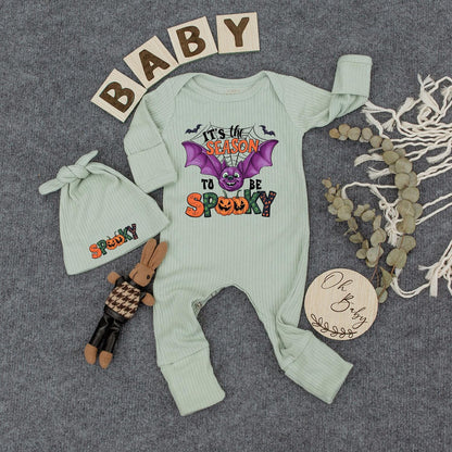 Spooky Season Baby Outfit Set: Cute Halloween Bodysuit & Hat with Bat and Jack-o'-Lantern, Newborn Romper, Boho Trick or Treat Clothes, New Mom Gift (139)