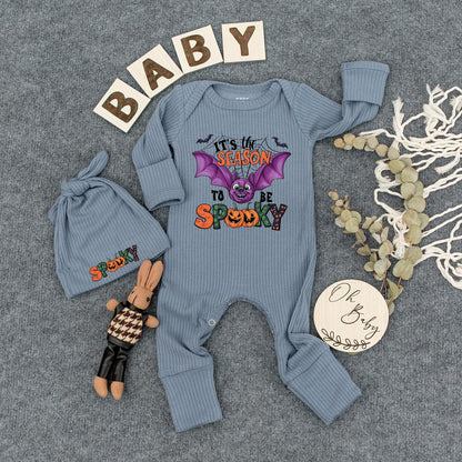 Spooky Season Baby Outfit Set: Cute Halloween Bodysuit & Hat with Bat and Jack-o'-Lantern, Newborn Romper, Boho Trick or Treat Clothes, New Mom Gift (139)